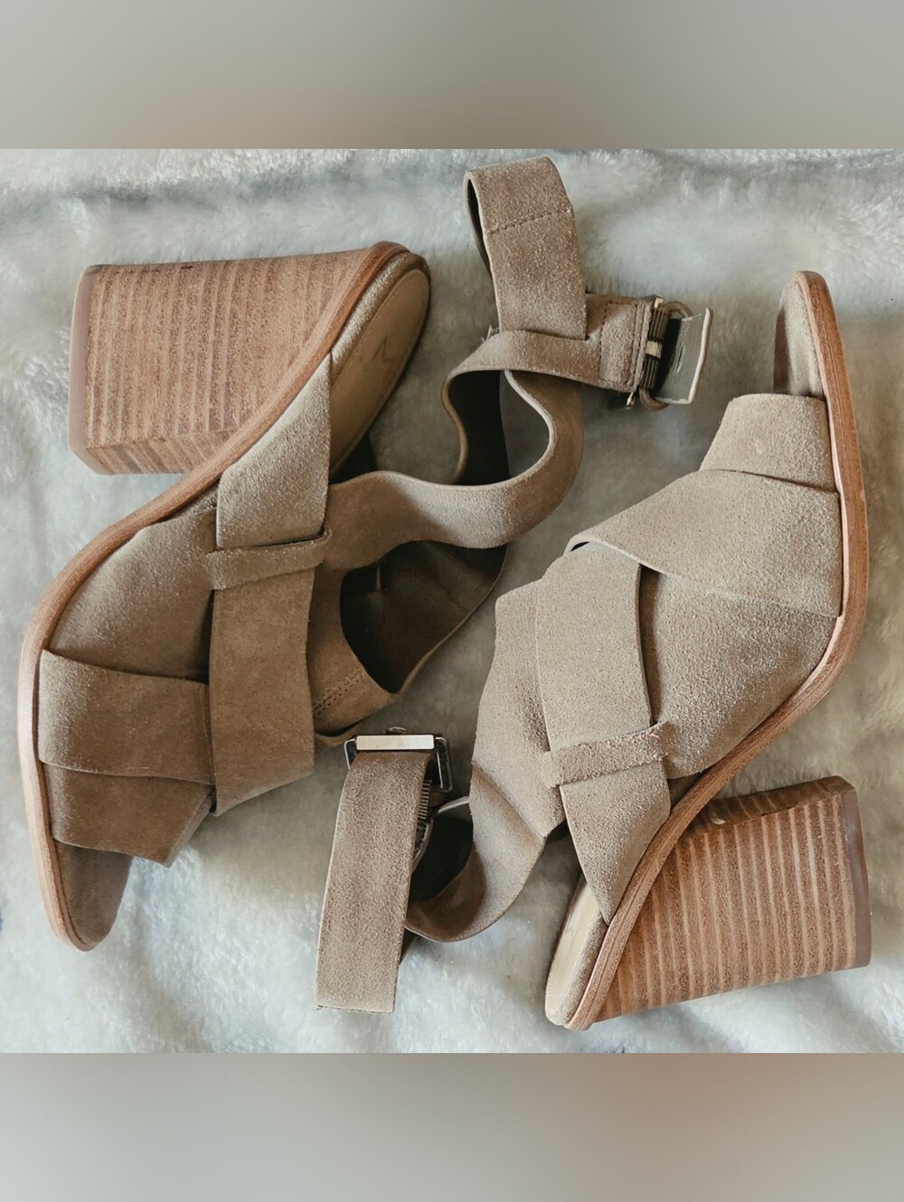 Marc Fisher Taupe Suede Crisscross Wedge Sandals